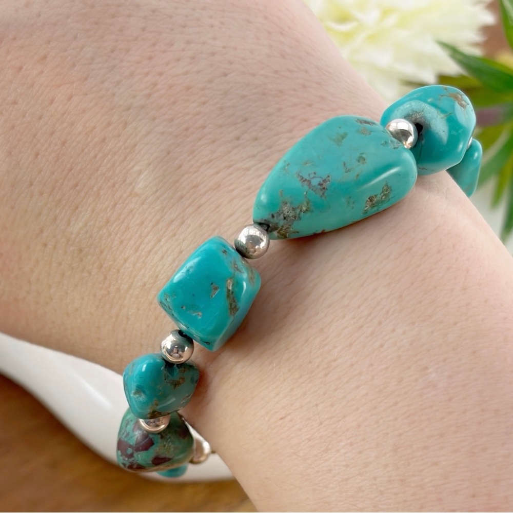 Vintage Sterling Silver 925 Turquoise Nugget Bracelet Boho Southwest Style - Picture 5 of 11